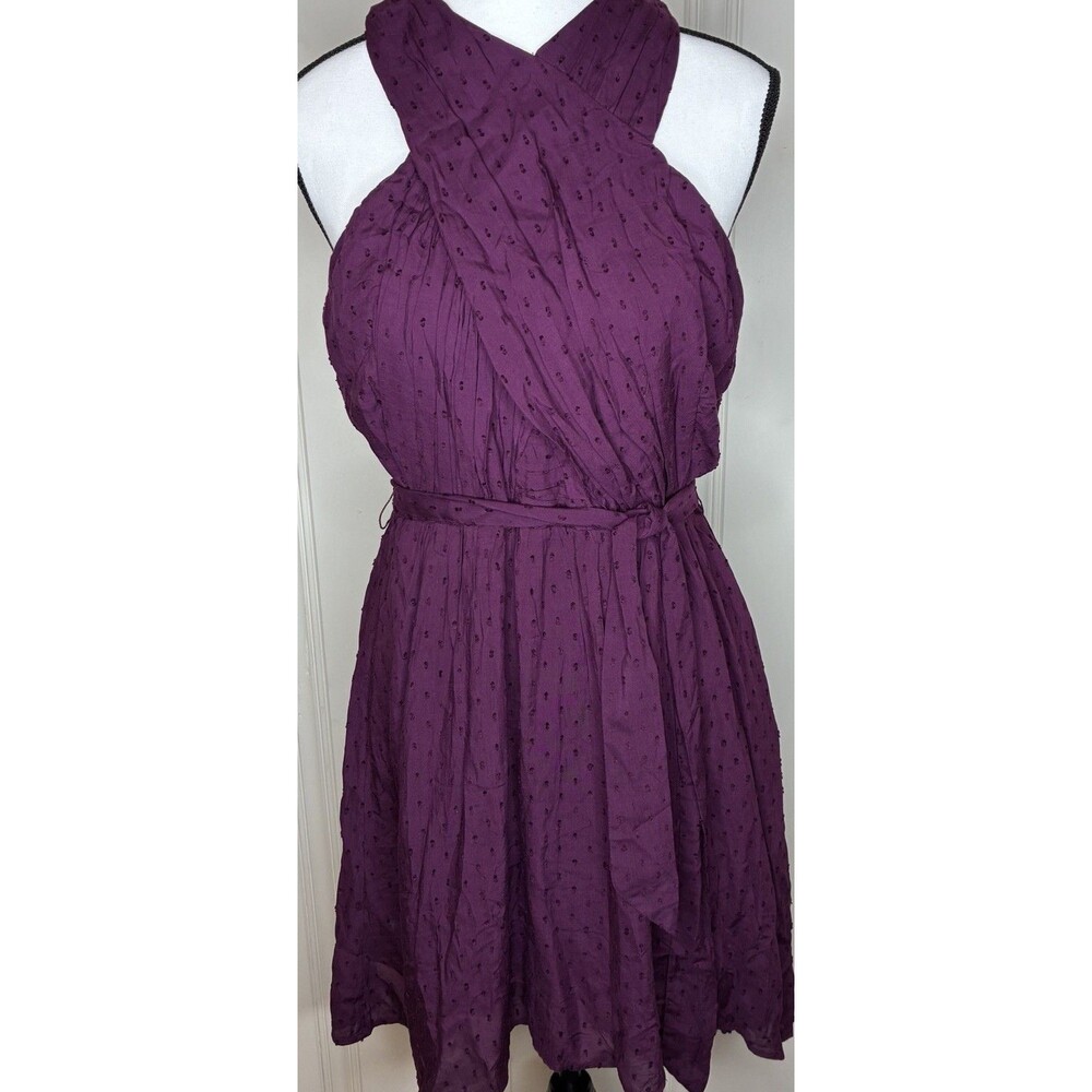 NEW Loft plum crossover‎ halter mini dress swiss dot tie waist Sz 0 A-line party